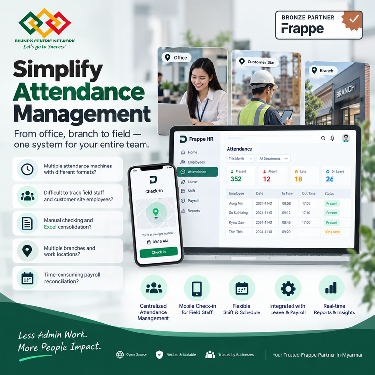 HR Team ရဲ့ Attendance Management အချိန်ကုန်မှုကို Frappe HR နဲ့ လျှော့ချနိုင်မလား? - Cover Image